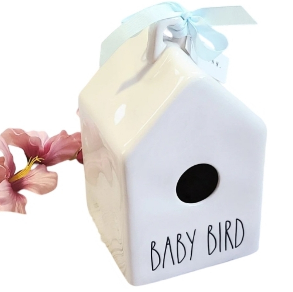 Rae Dunn Baby Bird Birdhouse w/ Blue Ribbon & Two Bird Decals 5" D, 7.5" H, 5" W